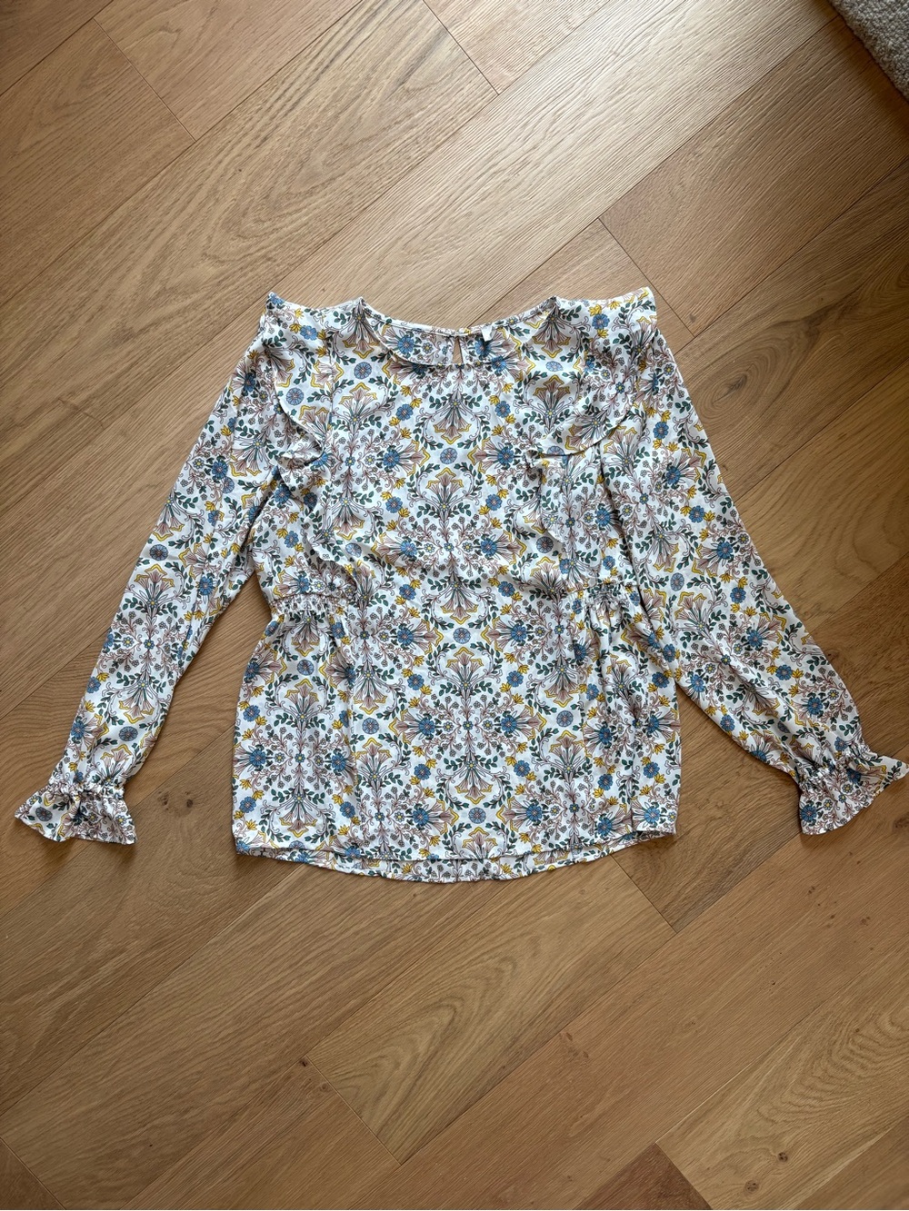 Loft Tapestry Long-Sleeve Ruffled Blouse - White/Mustard/Blue